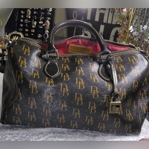 Dooney & Bourke Black Signature Satchel with Gold Monogram and Red Interior